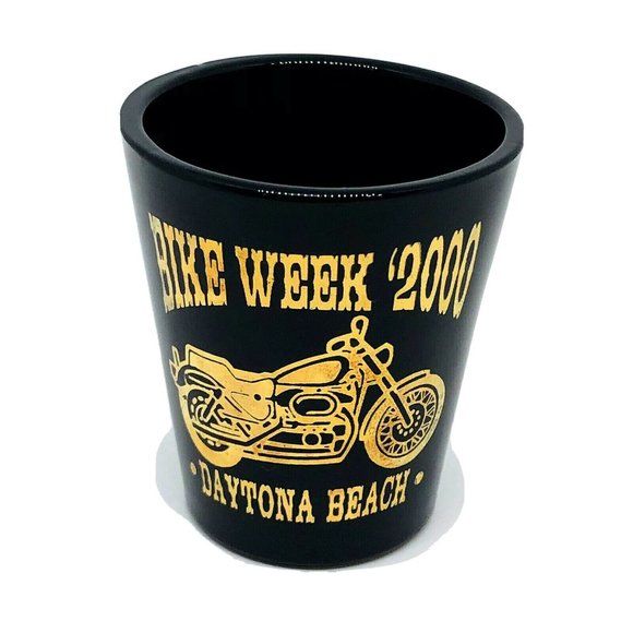 Daytona Beach Bike Week 2000 Shot Glass 2.25" Black Gold Motorcycle Collectible - Picture 2 of 6